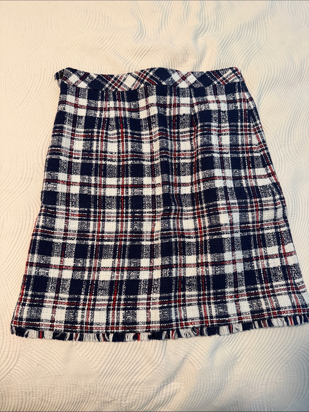Brooks Brothers Navy, White & Red Plaid A-Line Skirt with Fringed Hem